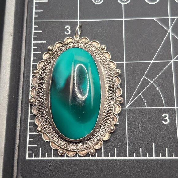 VTG Victorian Revival Jerusalem 925 Silver Pendant 2.75" Green Glass Cabochon - Picture 10 of 12